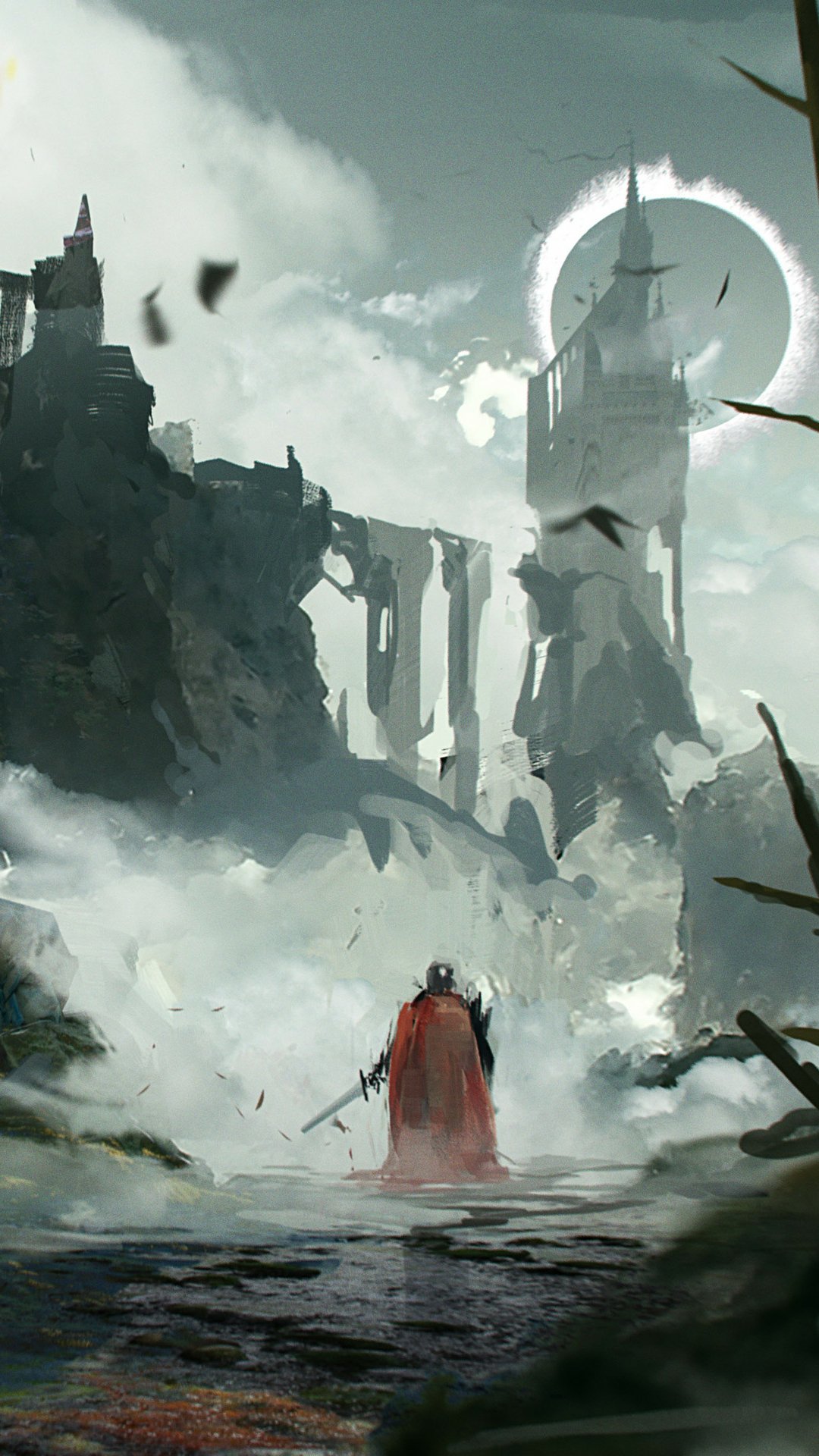 Phone wallpaper depicting a misty Elden Ring landscape with a lone warrior in a red cloak facing towering ruins beneath a glowing ring in the sky.