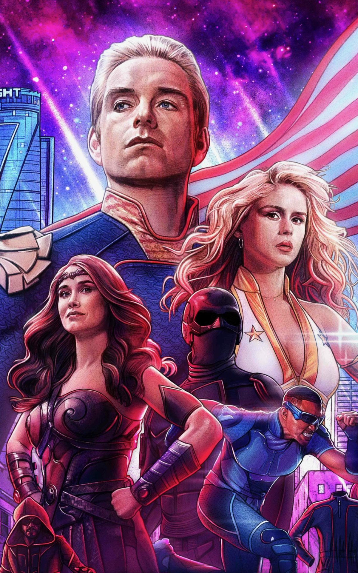 Phone wallpaper for TV show The Boys (2019) featuring Homelander center, Starlight, Queen Maeve and A-Train posed against a neon cityscape and purple cosmic sky.