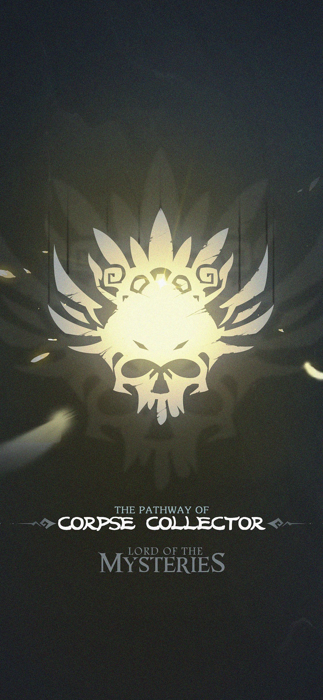 Phone wallpaper featuring a glowing fantasy sigil badge from Lord of Mysteries, titled The Pathway of Corpse Collector, designed for both iPhone and Android screens.