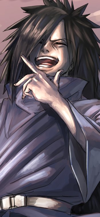 Phone wallpaper of Madara Uchiha from Naruto (anime): close-up of him laughing fiercely, spiky dark hair, cloak, hand near his chin, dramatic lighting and bold shading.