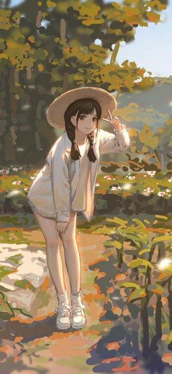 Anime girl in a sunlit hat leaning forward on a forest path, soft painterly colors — phone wallpaper that fits iPhones and Android phones.