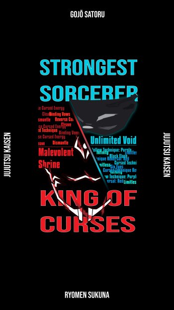 Phone wallpaper of Satoru Gojo and Ryomen Sukuna (Jujutsu Kaisen) facing off; bold Strongest Sorcerer and King of Curses text on a dark anime-style background, fight-themed.