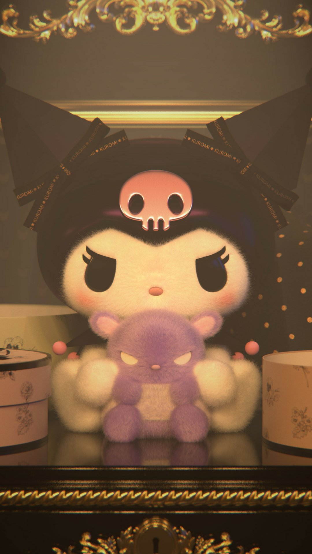 Anime phone wallpaper of Onegai My Melody's Kuromi plush wearing her skull hat, holding a small purple stuffed animal against an ornate golden backdrop.