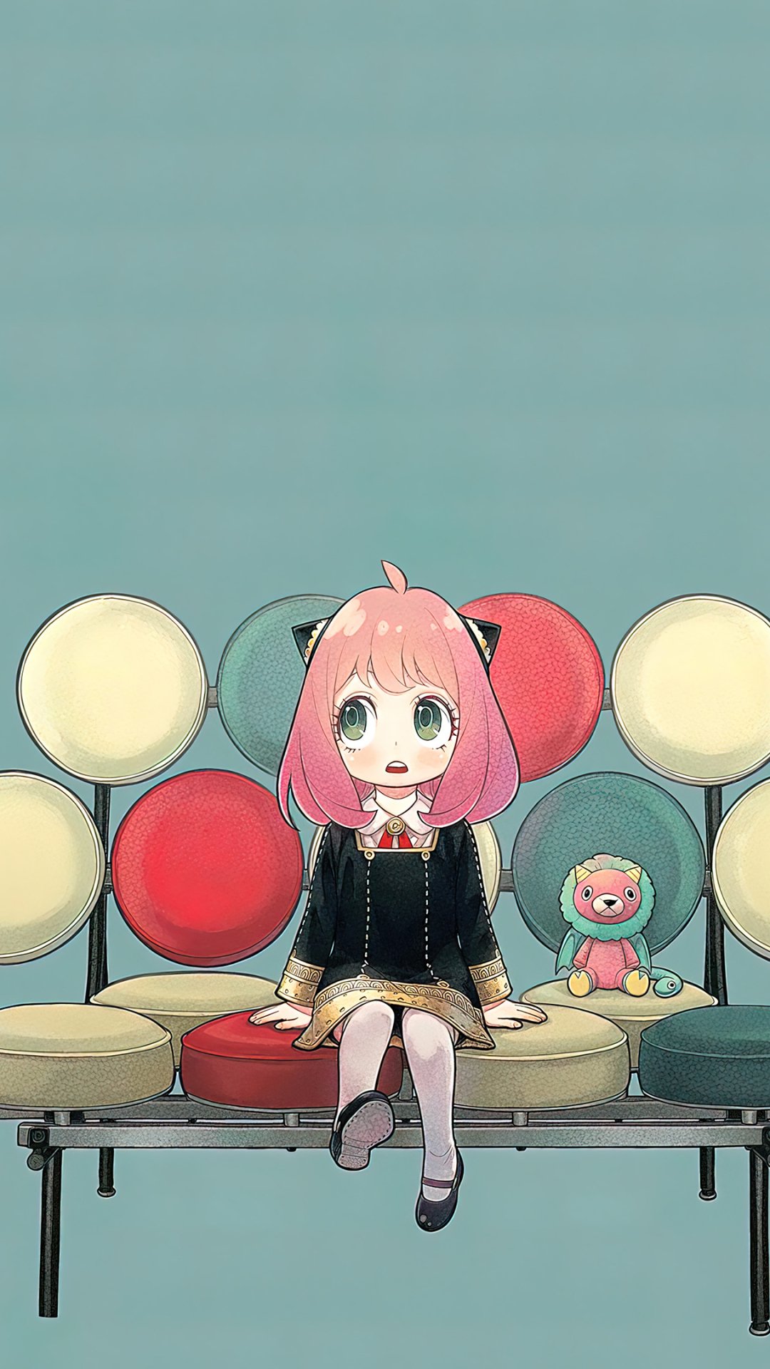 Anime phone wallpaper of Anya Forger from Spy x Family: she sits on a bench with colorful round cushions, smiling with a small plush toy at her side against a teal background.