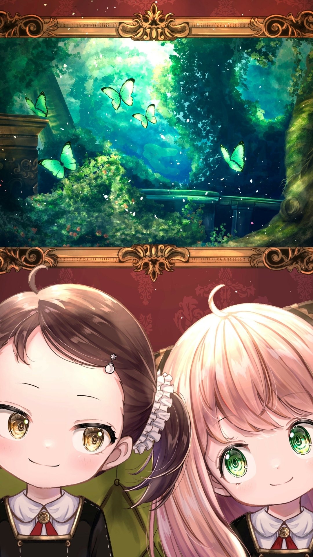 Anime-style Spy x Family phone wallpaper featuring two chibi characters with detailed green forest and glowing butterflies in the background, designed for iPhone and Android displays.