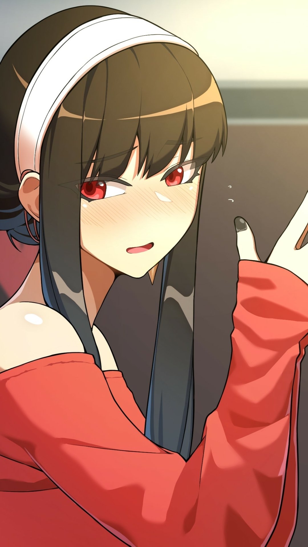 Phone wallpaper of a Spy x Family anime girl with long black hair, white headband, red eyes, and an off-shoulder red top, glancing over her shoulder.