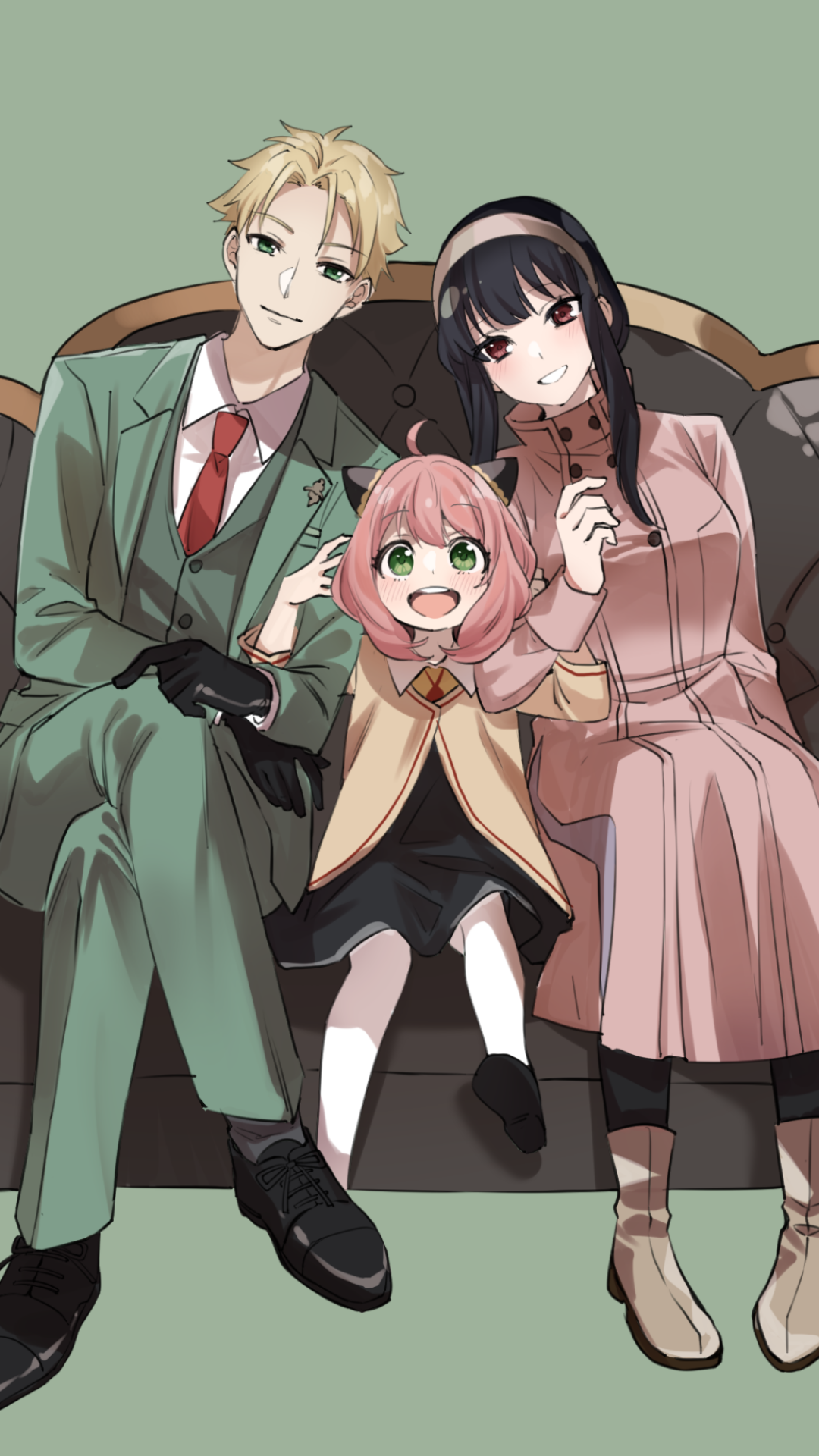 Anime Spy x Family phone wallpaper for iPhone and Android phones: Loid and Yor sit beside smiling Anya on a couch, soft pastels and a cozy family portrait.