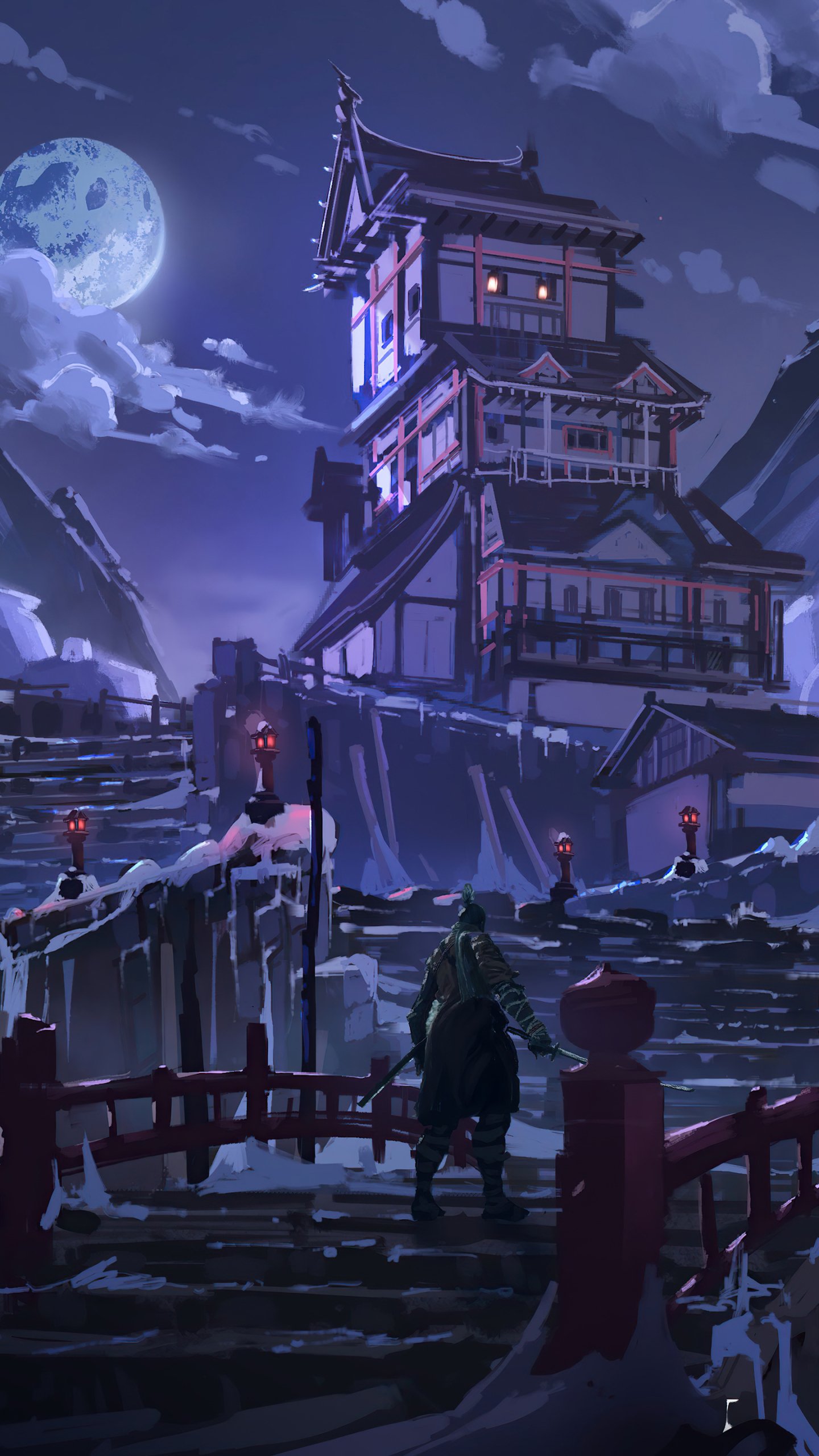 Phone wallpaper, video game Sekiro: Shadows Die Twice — lone shinobi on a snowy bridge under a full moon, approaching a tall, lantern-lit Japanese fortress.