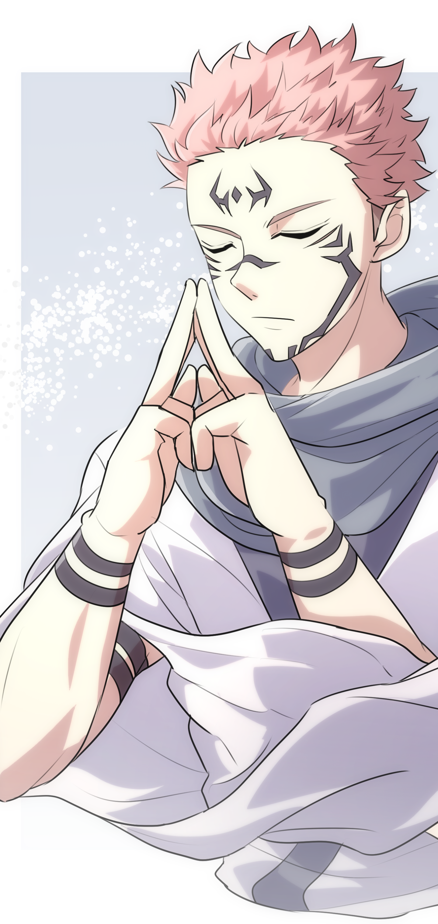 Phone wallpaper featuring Sukuna from the anime Jujutsu Kaisen, showcasing his focused expression and signature pose on a soft, light background. Compatible with iPhones and Android.