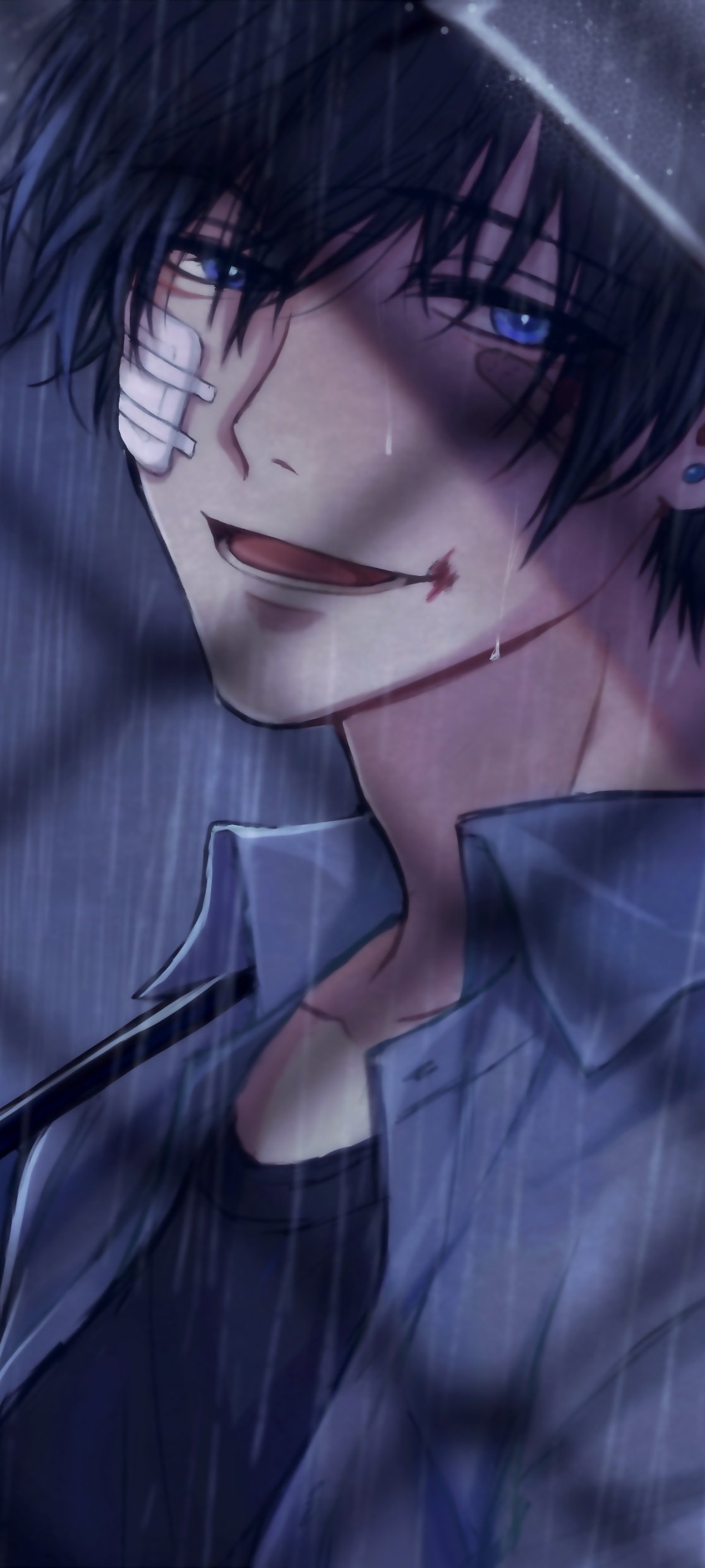 Phone wallpaper of an anime boy: rain-soaked dark hair, blue eyes, a bandage on his cheek and a cut lip, smirking beneath an umbrella in moody lighting.