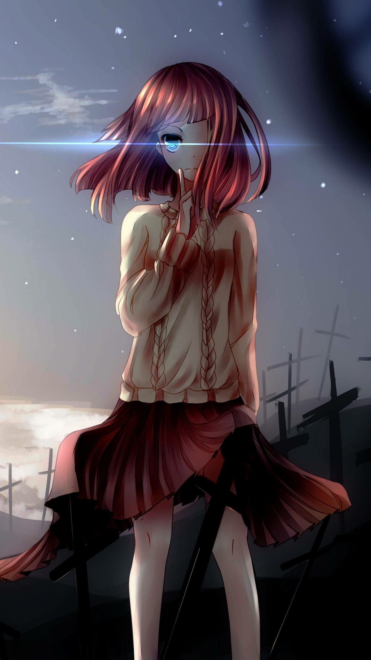 Phone wallpaper of an anime girl with shoulder-length red hair and a cozy sweater, standing on a rooftop at dusk with a soft lens flare across her eyes and a silhouetted skyline behind.