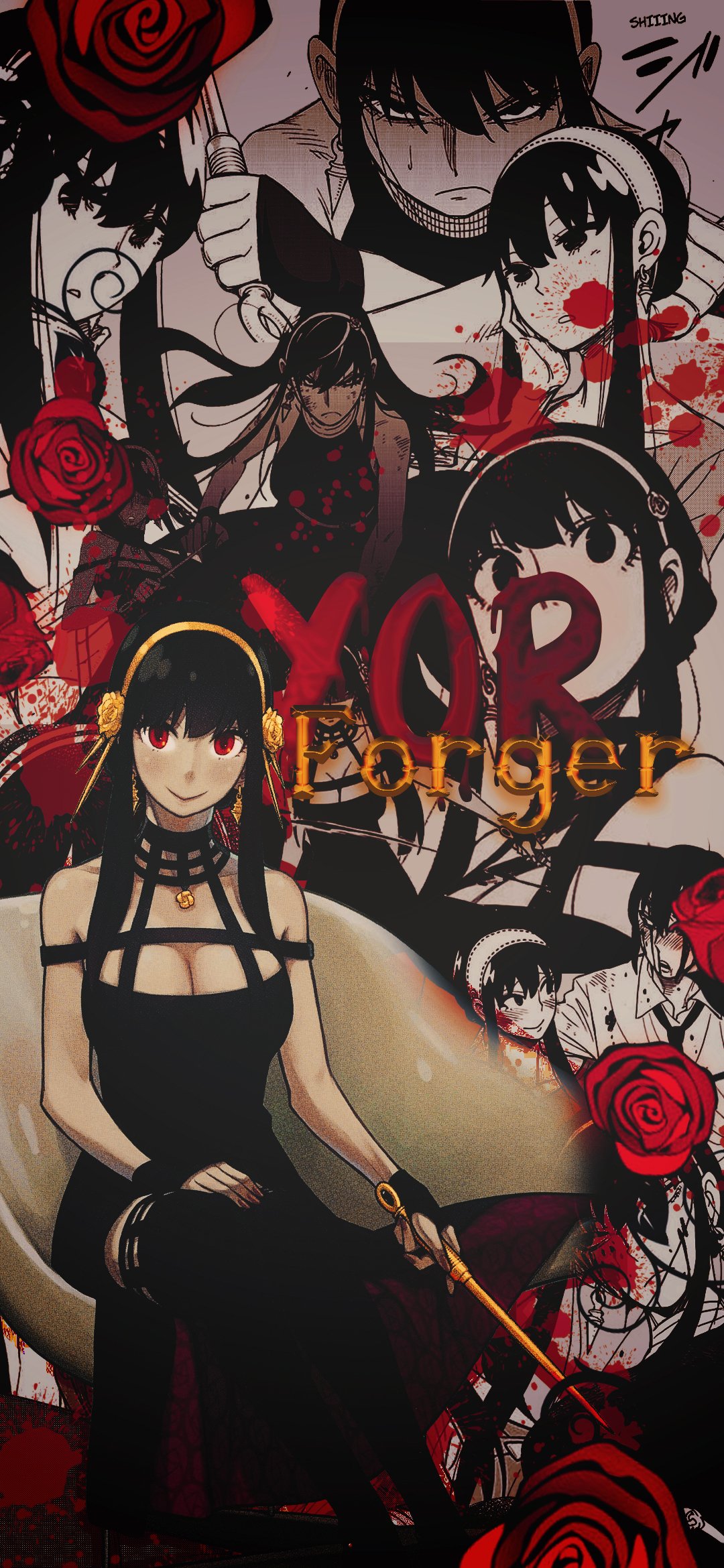 Phone wallpaper featuring Yor Forger from Spy x Family: gothic collage of Yor in a black dress, red roses and blood splatters, multiple intense portraits and a hidden blade.