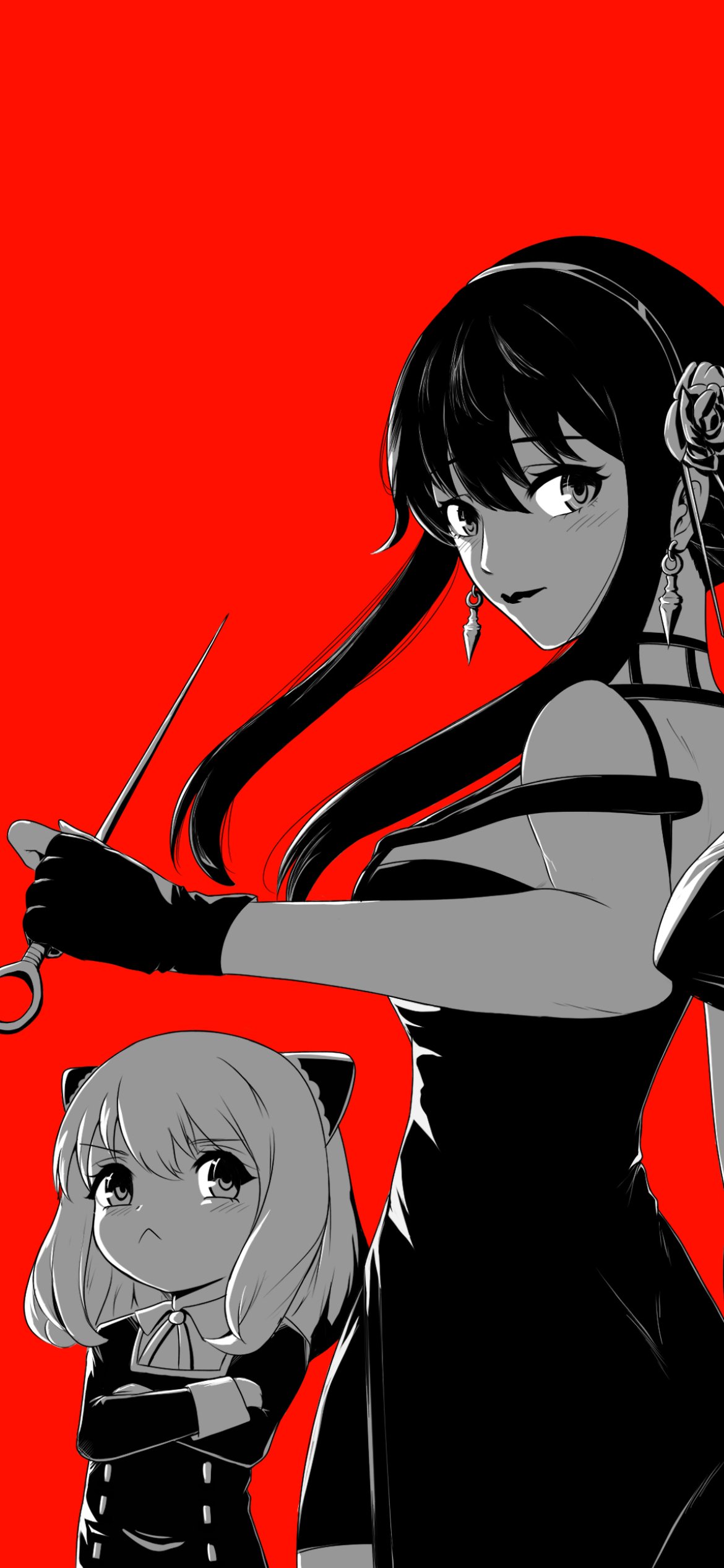 Spy x Family phone wallpaper: Yor Forger in a black dress wielding scissors beside her daughter Anya Forger, high-contrast black-and-white figures against a bold red background.