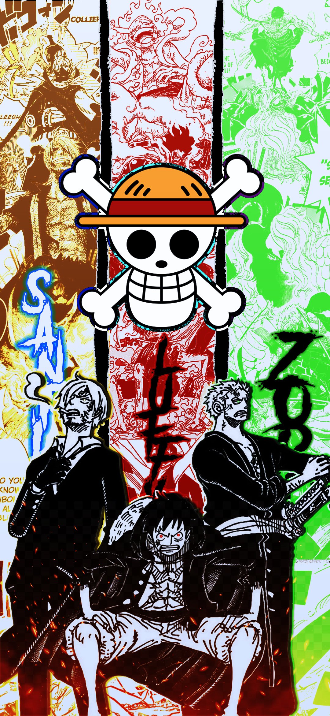 Phone wallpaper of One Piece anime: Straw Hat Jolly Roger centered over a triptych — Monkey D. Luffy seated front, Sanji left and Roronoa Zoro right with red, brown and green panels.