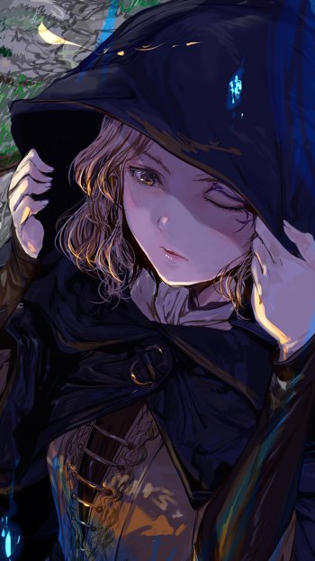 Phone wallpaper featuring Melina from Elden Ring, showcasing detailed artwork with a dark cloak and illuminated blue eye, designed for iPhone and Android screens.