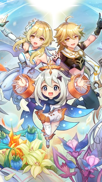 Phone wallpaper of Paimon with Lumine and Aether from the video game Genshin Impact, cheerfully floating above colorful flowers beneath a radiant sky.