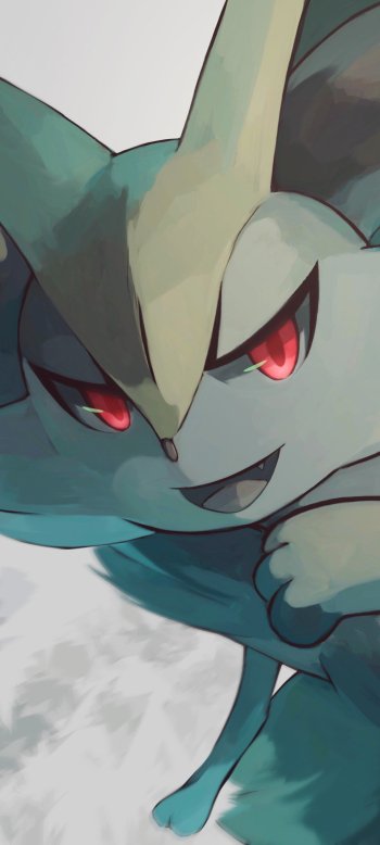 Anime-style phone wallpaper of Braixen (Pokémon), close-up three-quarter view with glowing red eyes and a mischievous expression against a pale, textured background.