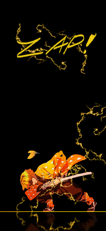 Phone wallpaper of Zenitsu Agatsuma from Demon Slayer: Kimetsu no Yaiba, crouched with sword as yellow lightning arcs around him and a stylized ZAP! on a black background.