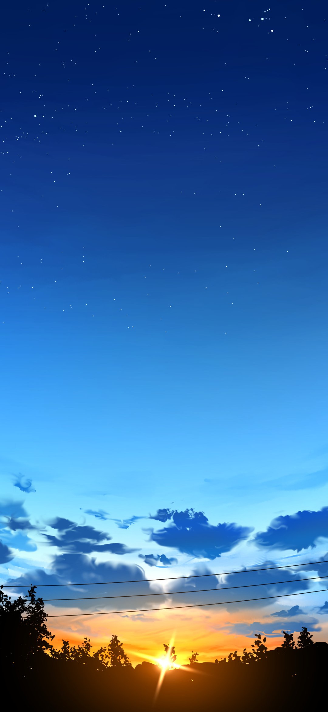 Anime-style sunrise with a gradient sky from starry night to bright dawn, framed by silhouetted trees and clouds, designed as a vertical phone wallpaper for iPhones and Android devices.