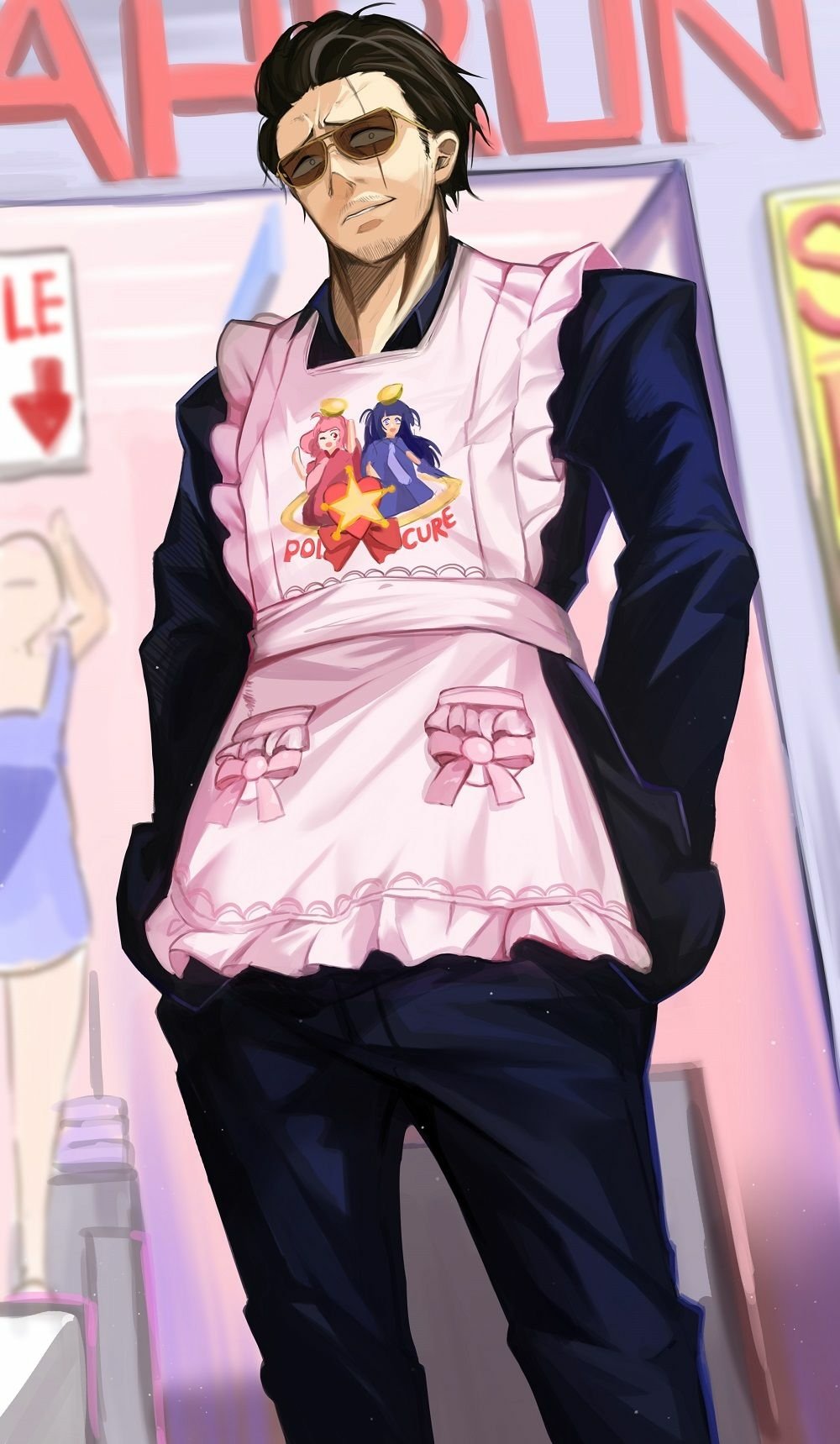Alt-text: Cool and quirky phone wallpaper featuring a character from The Way of the Househusband anime wearing a pink apron over a suit, embodying the unique blend of domestic life and yakuza style.
