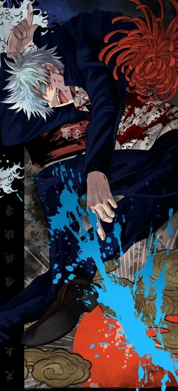 Phone wallpaper featuring Satoru Gojo from Jujutsu Kaisen, showcasing dynamic action art with vibrant blues and reds, designed to fit iPhones and Android devices.