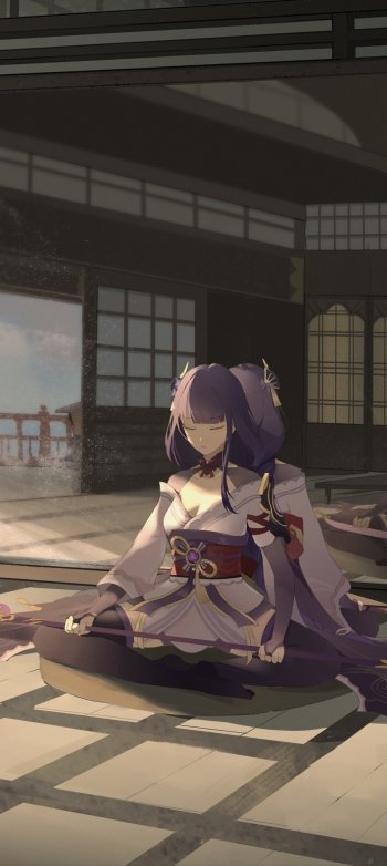 Baal / Raiden Shogun (Genshin Impact) meditating on a tatami floor in a sunlit traditional chamber, soft purple tones — phone wallpaper