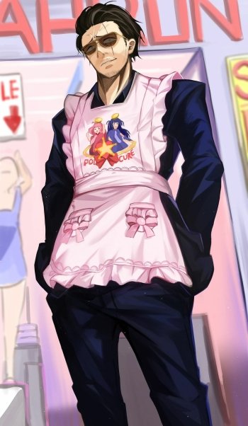 Alt-text: Cool and quirky phone wallpaper featuring a character from The Way of the Househusband anime wearing a pink apron over a suit, embodying the unique blend of domestic life and yakuza style.