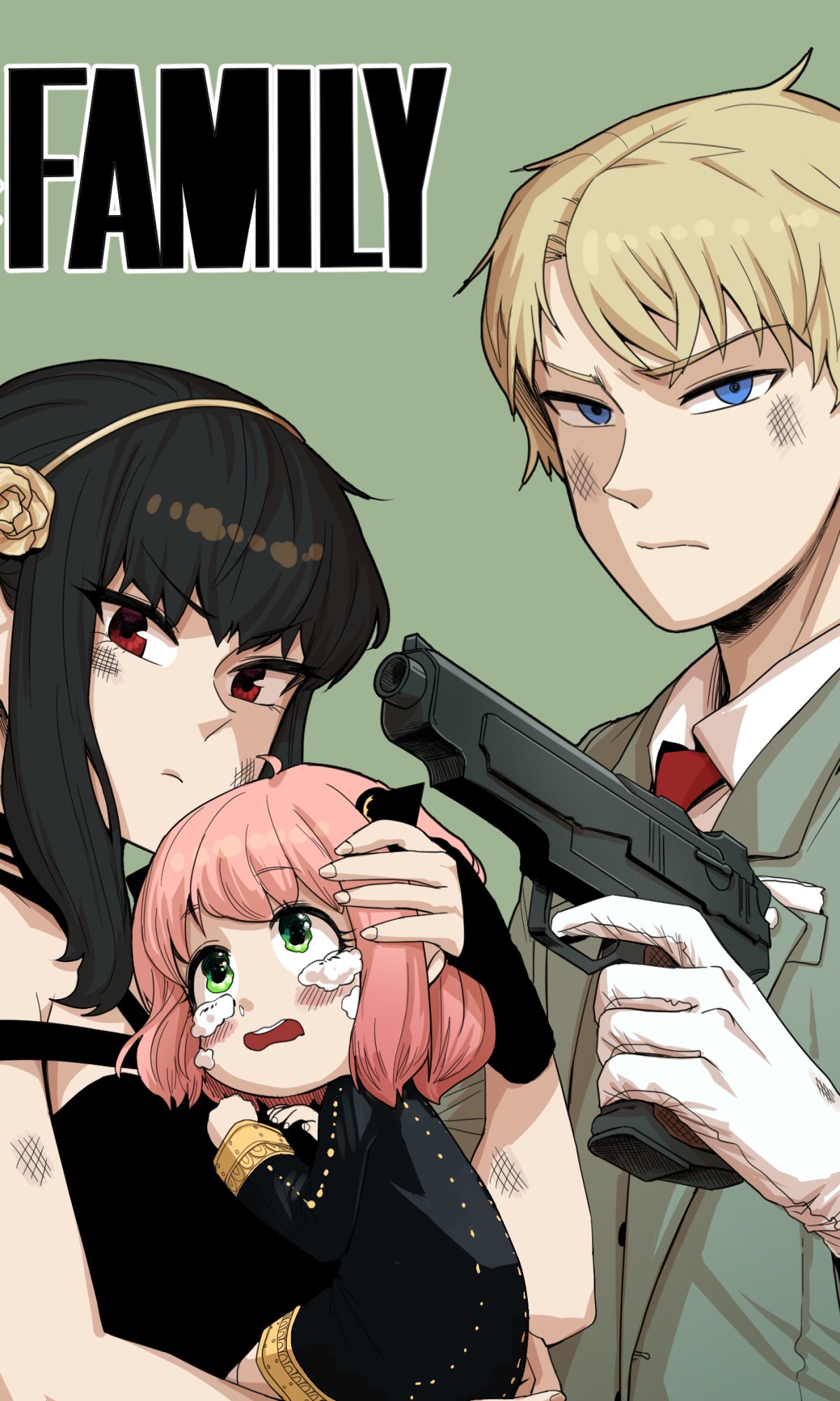 Anime, Spy x Family phone wallpaper: Loid aims a handgun, Yor stands protectively while cradling Anya, pale green background with bold FAMILY text.