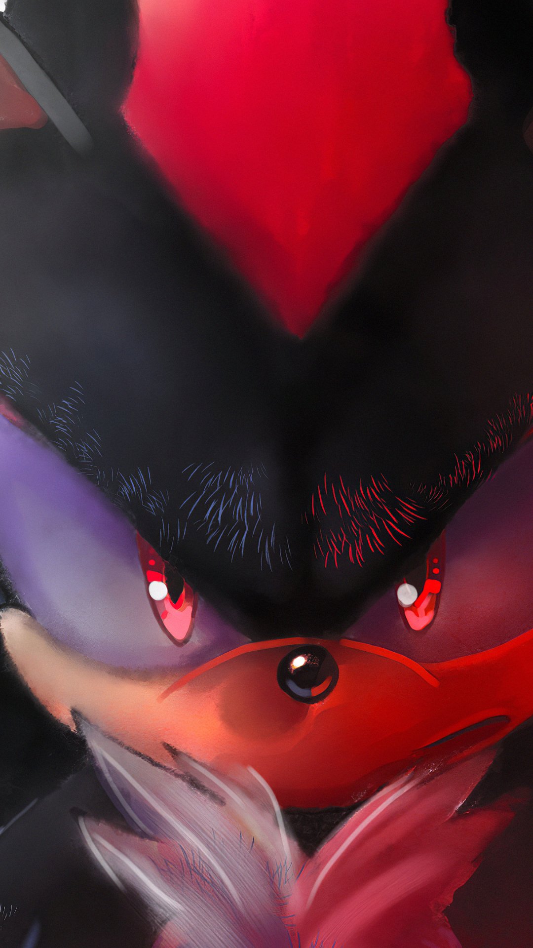 Phone wallpaper close-up of the video game character Shadow the Hedgehog: intense red eyes, black fur with red highlights and white chest quills against a deep red background.