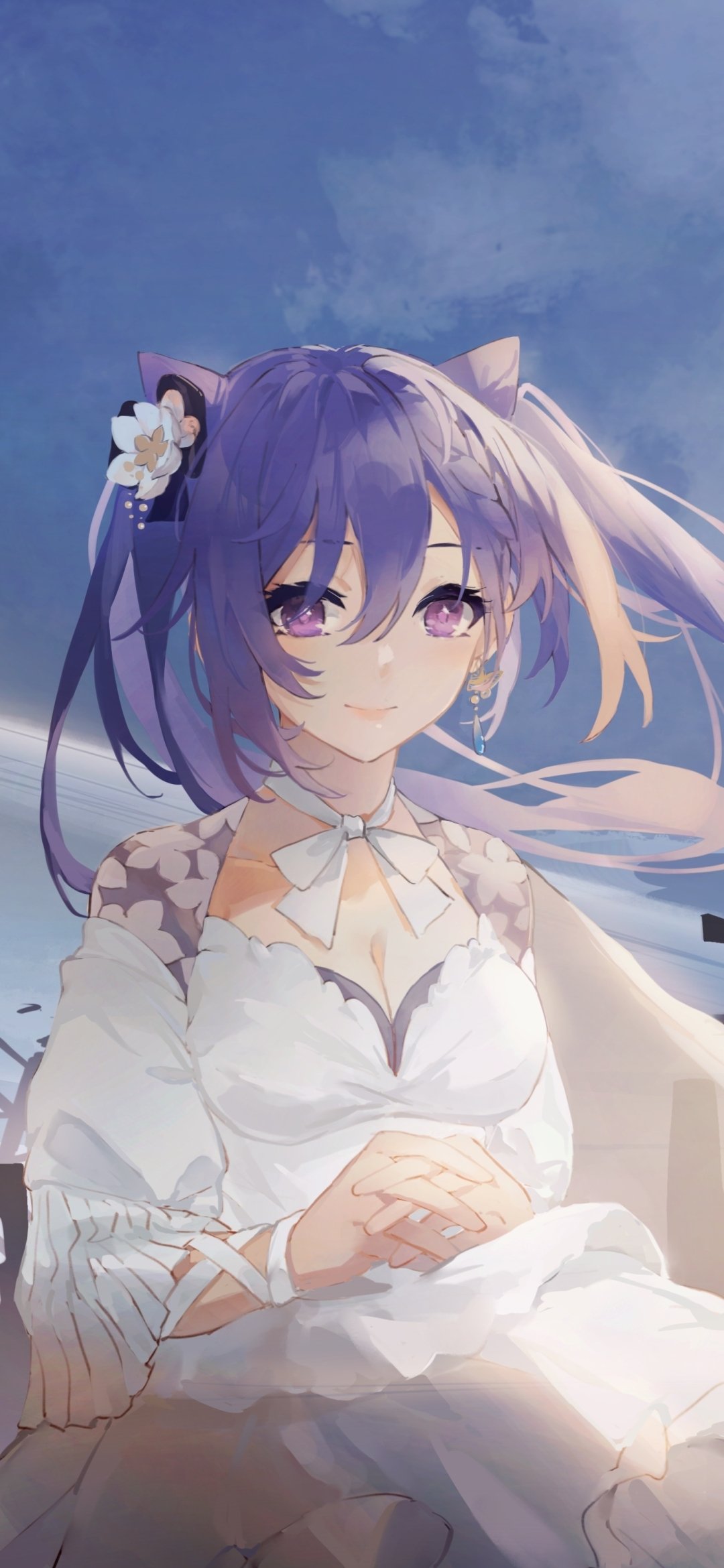 Phone wallpaper of Keqing (Genshin Impact) from the video game, soft-lit portrait with purple hair, floral hairpiece, white dress, and a calm sky background.