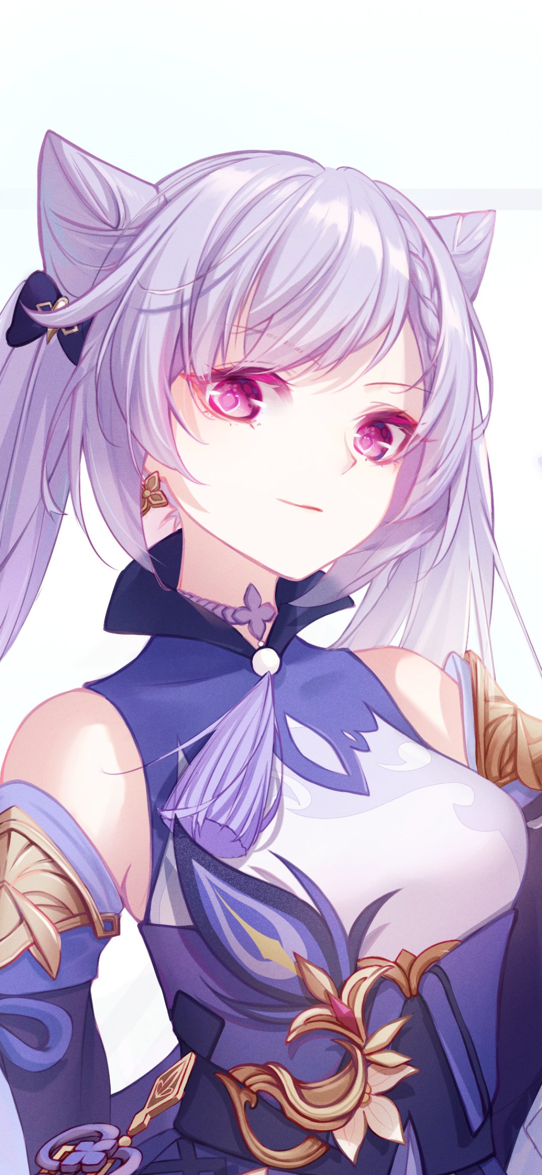 Phone-wallpaper portrait of Keqing from the video game Genshin Impact: silver-lilac twin-tailed hair, magenta eyes, cat-ear hair ornaments and ornate violet Electro-themed outfit.