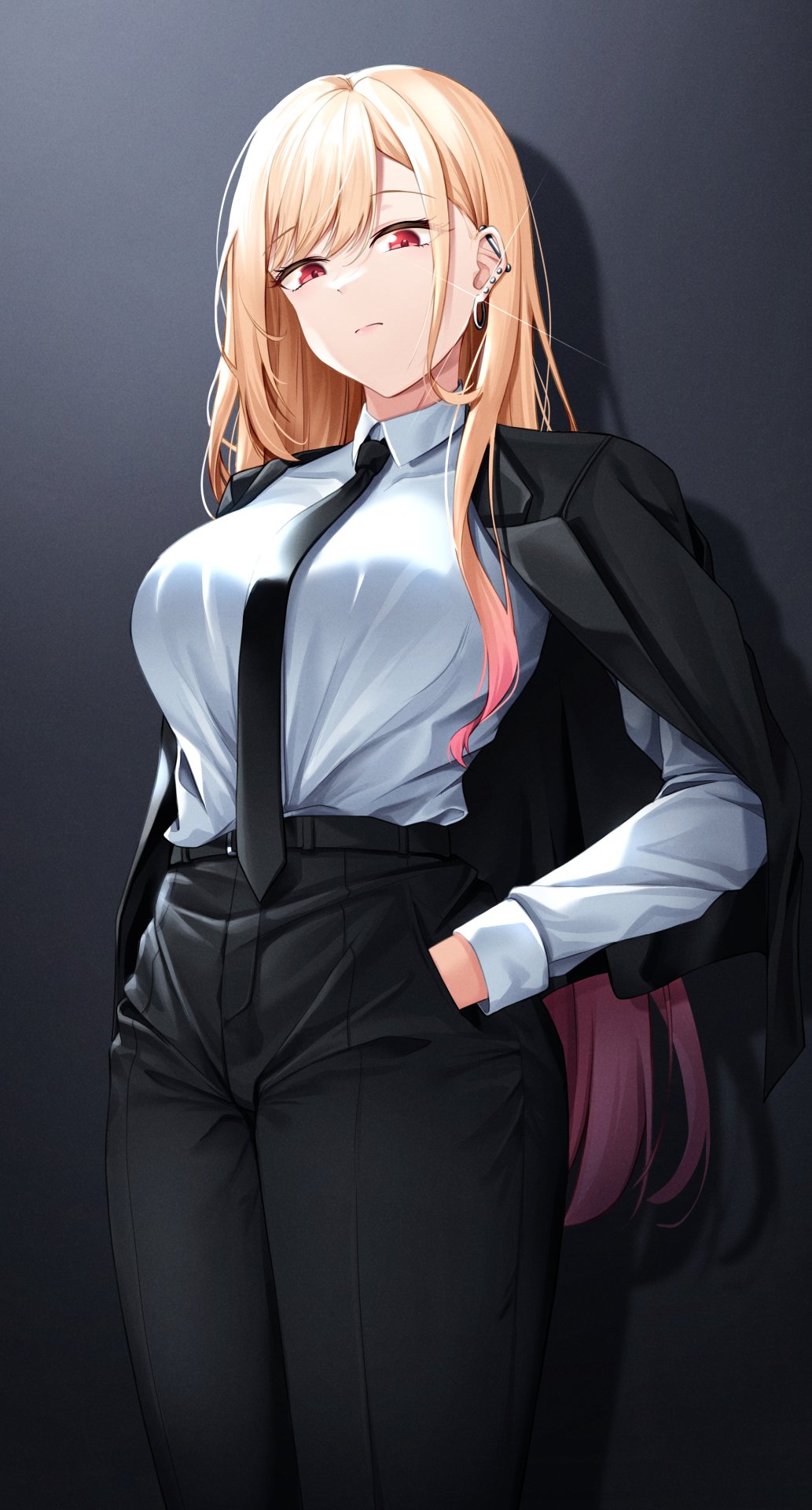 Phone wallpaper of Marin Kitagawa from My Dress-Up Darling: anime-style portrait of her in a white blouse, black tie and slacks, jacket over shoulders, confident smile.