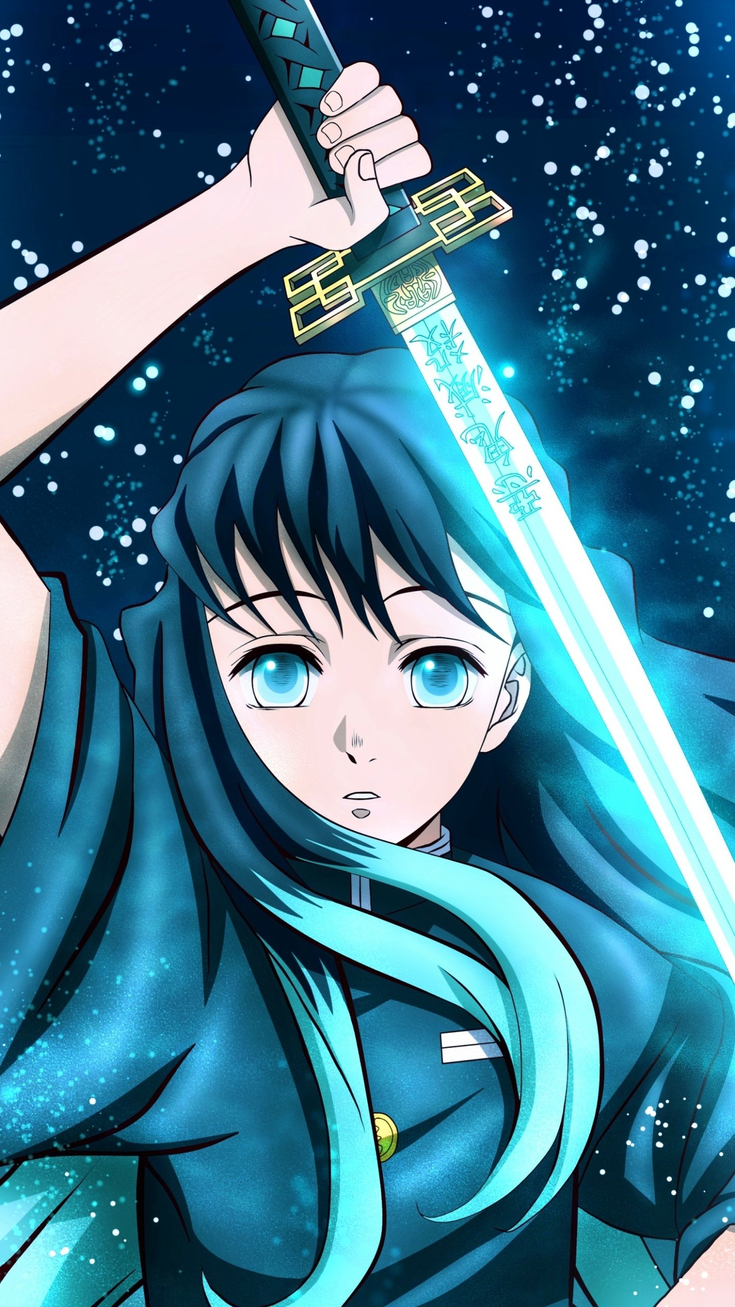 Phone wallpaper featuring Muichiro Tokito from the anime Demon Slayer: Kimetsu no Yaiba, holding a glowing sword against a starry blue background.