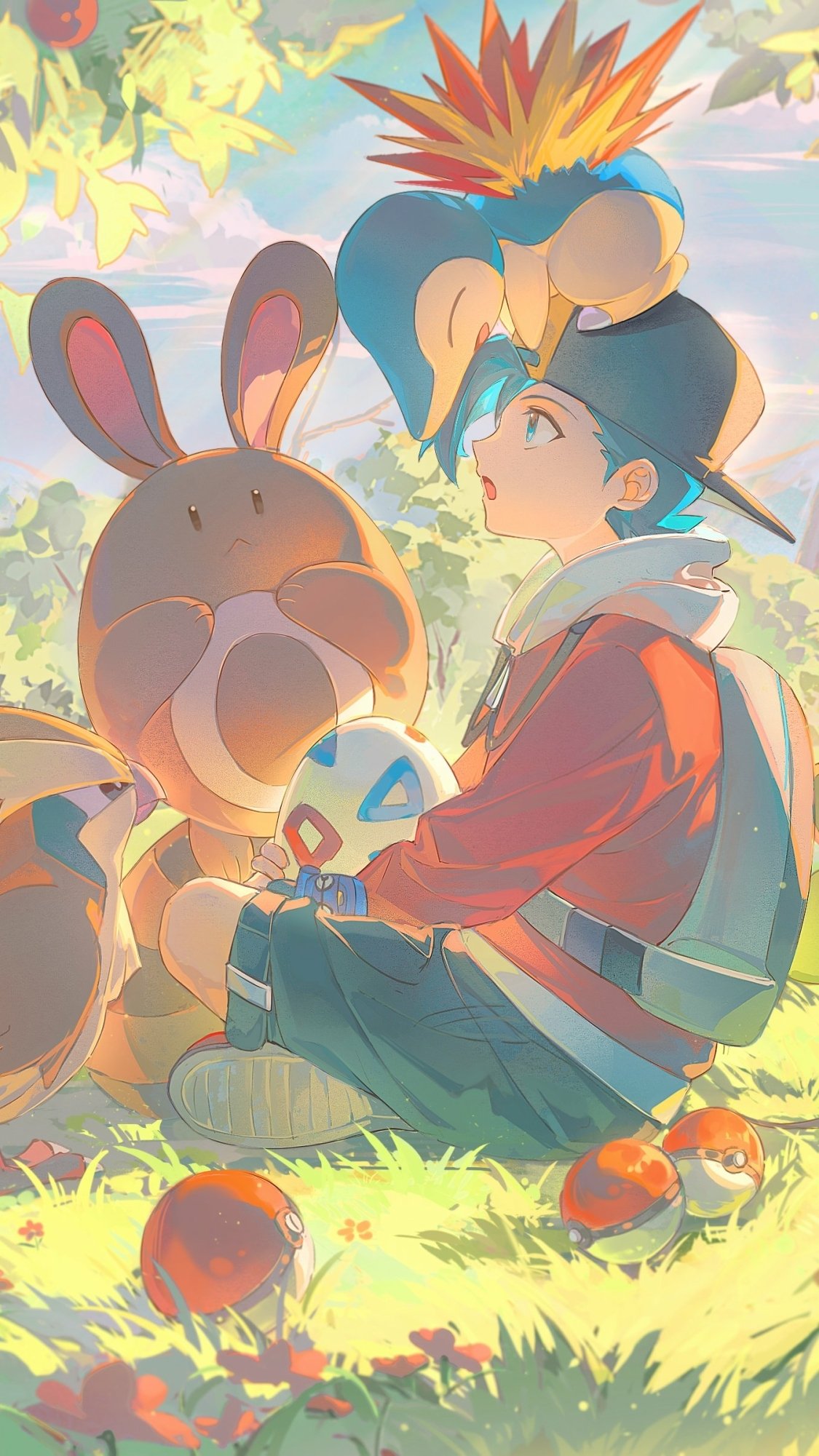 Phone wallpaper featuring Ethan from Pokémon surrounded by his Pokémon Cyndaquil and Buneary in a sunlit forest scene, designed for iPhone and Android.