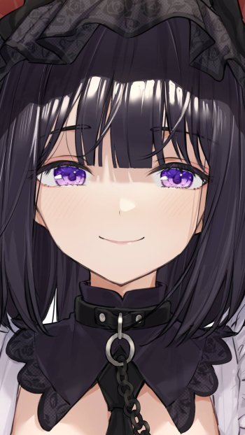 Phone wallpaper (iPhone/Android): close-up anime portrait of Marin Kitagawa from My Dress-Up Darling — short black hair, violet eyes, gothic collar and ribbon.