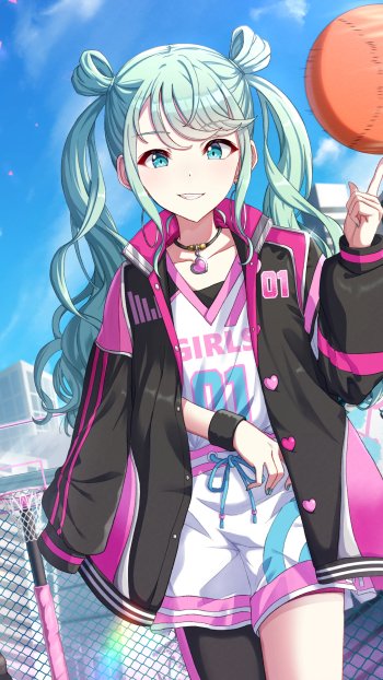 Phone wallpaper of Hatsune Miku from Project Sekai: Colorful Stage!, smiling on a sunny rooftop basketball court in bright video-game style.