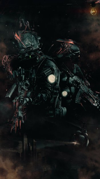 Dark and intense Escape From Tarkov themed phone wallpaper featuring armed and armored soldiers in action.
