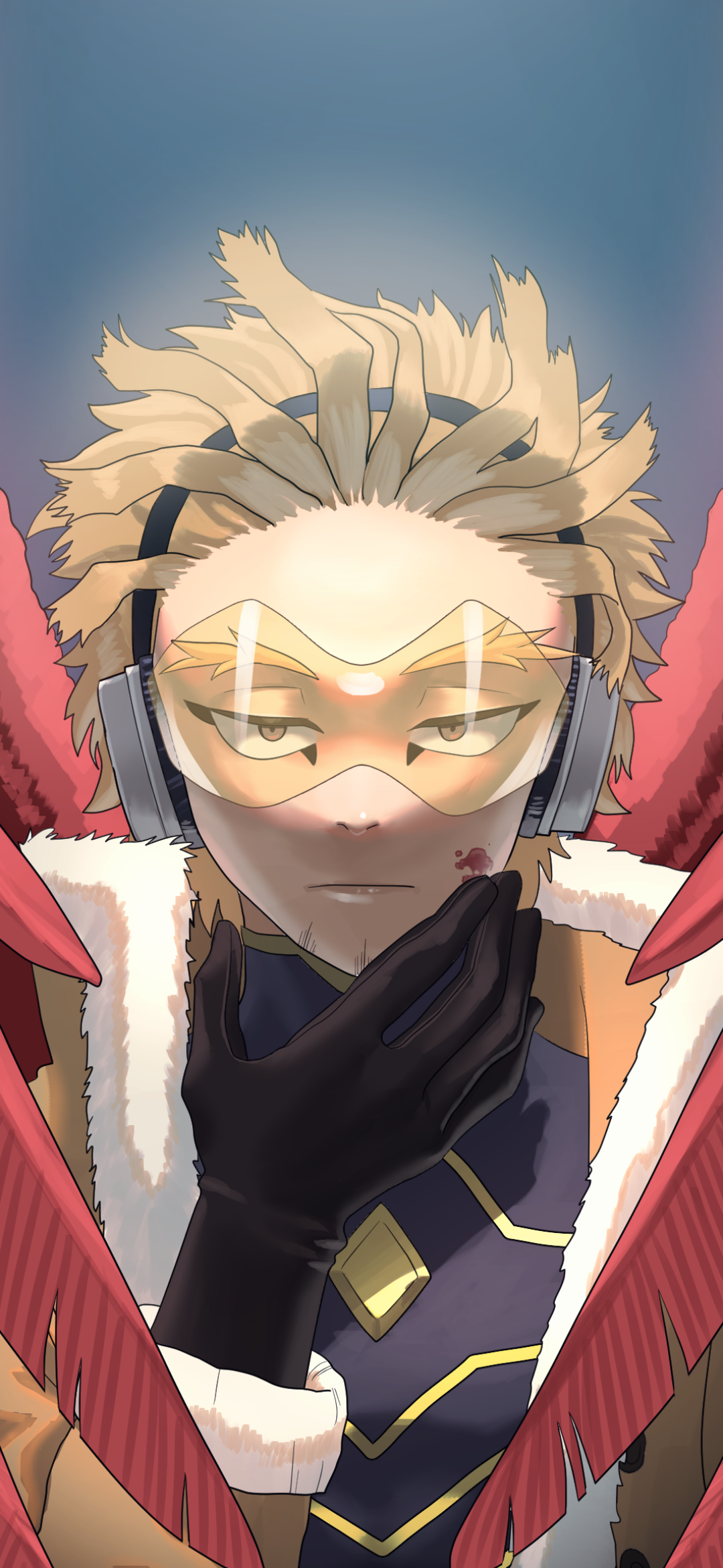 Phone wallpaper of Hawks (Boku No Hero Academia) — an anime close-up from My Hero Academia: goggles, hand to chin, red wings framing his face against a soft blue gradient background.