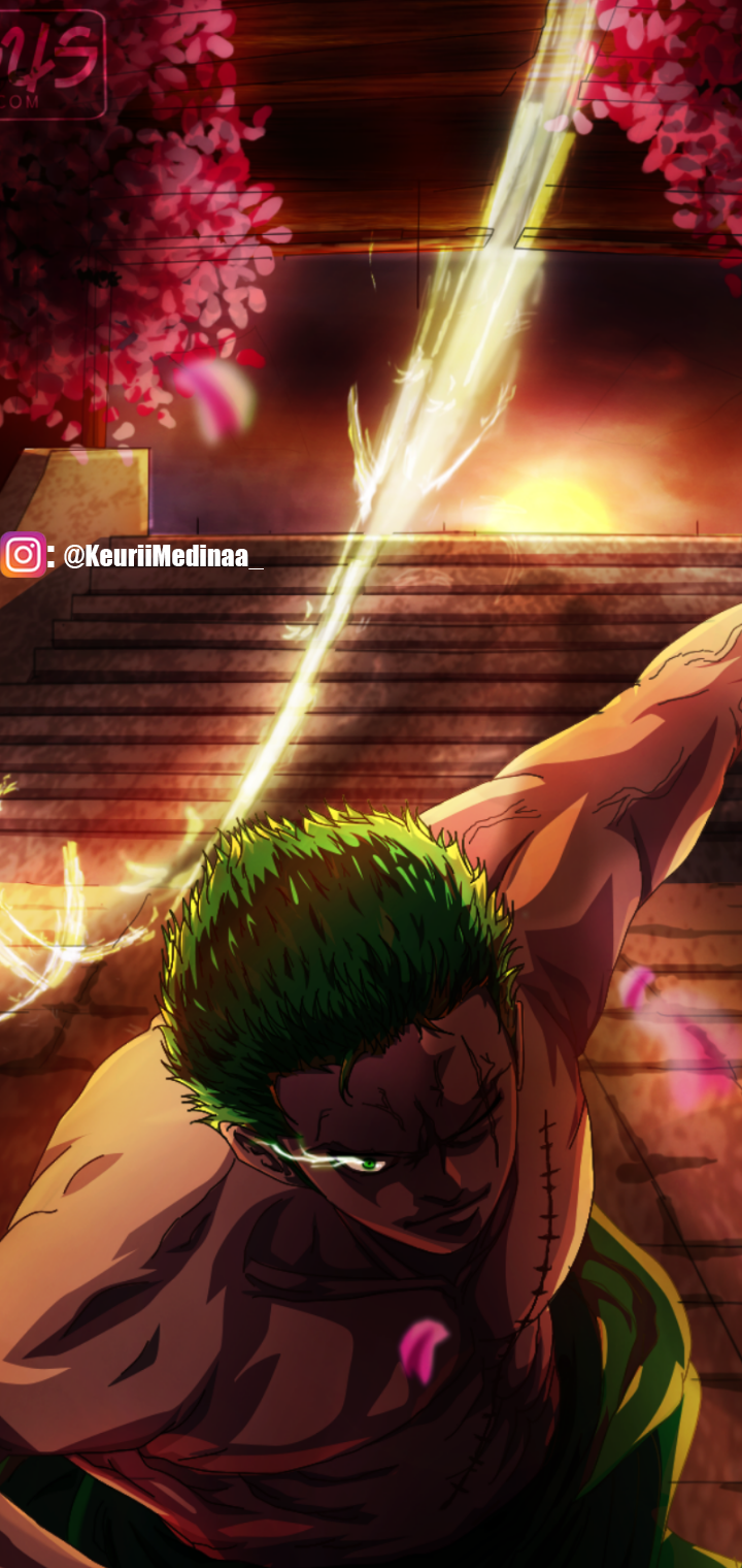 Dynamic Roronoa Zoro wallpaper with vibrant cherry blossoms and glowing sword strikes, designed for seamless display on both iPhone and Android phones.