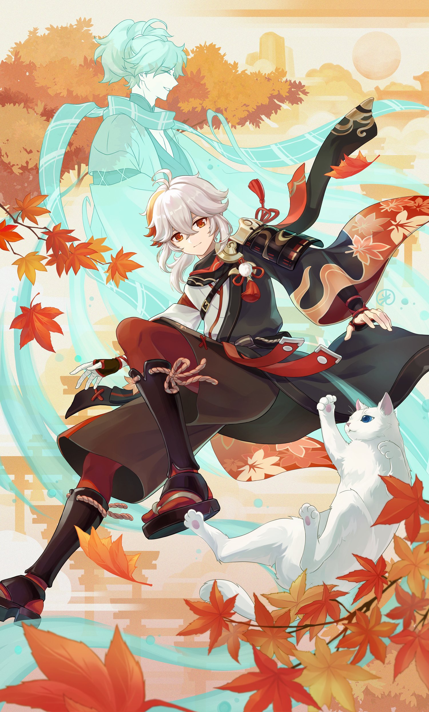 Phone wallpaper of Kaedehara Kazuha from the video game Genshin Impact, surrounded by swirling wind and autumn leaves, crouching beside a white cat.