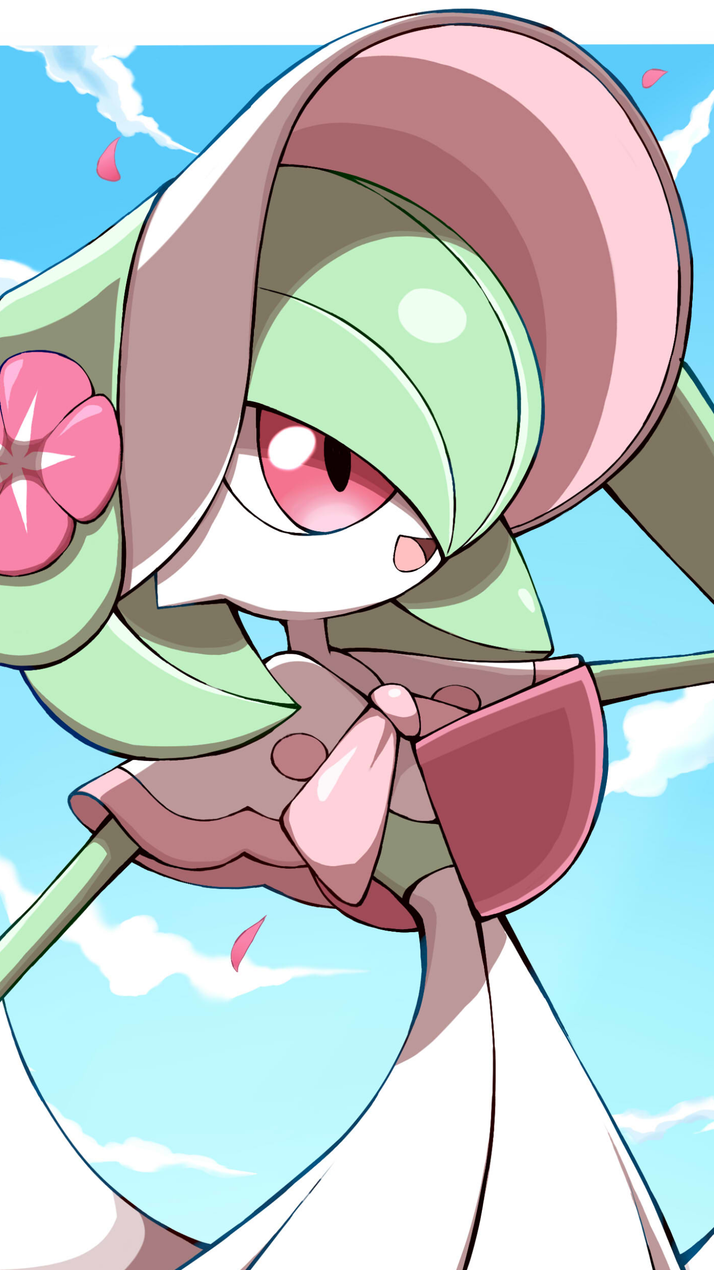 Anime-style Gardevoir from Pokémon against a blue sky with clouds and cherry blossom petals, designed as a vibrant phone wallpaper for iPhones and Android devices.