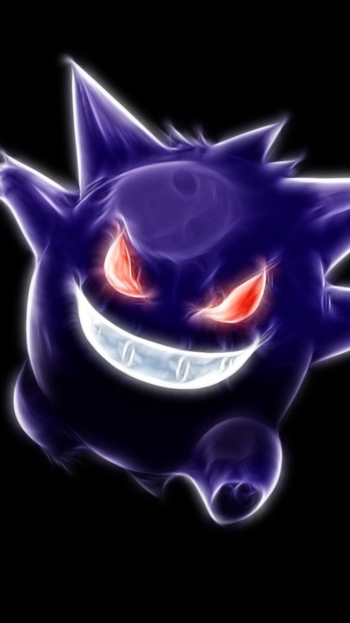 Anime-style Gengar (ghost Pokémon) glowing with red eyes and a wide grin against a black background — dynamic phone wallpaper.