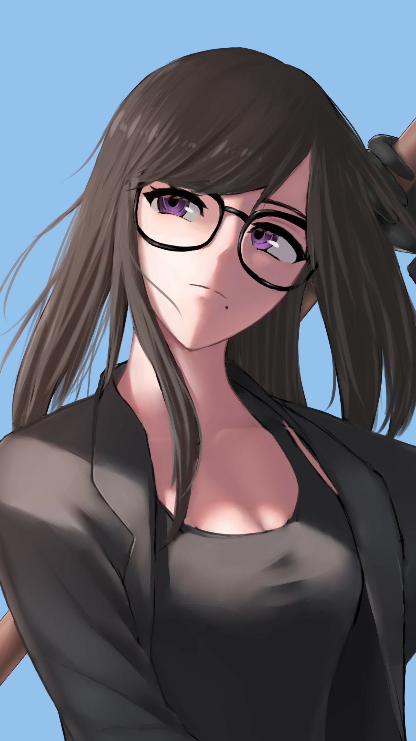 Phone wallpaper of Hizuru Minakata from the anime Summer Time Rendering: close-up of her with long brown hair and glasses, soft smile, wearing a dark top against a pale blue sky.