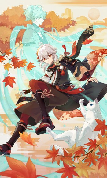 Phone wallpaper of Kaedehara Kazuha from the video game Genshin Impact, surrounded by swirling wind and autumn leaves, crouching beside a white cat.