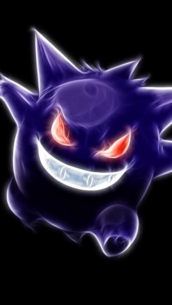 Anime-style Gengar (ghost Pokémon) glowing with red eyes and a wide grin against a black background — dynamic phone wallpaper.
