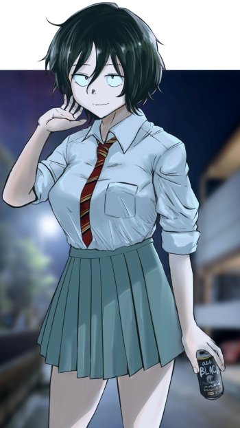 Phone wallpaper of Akira Asai-style anime from Call of the Night: short dark-haired schoolgirl with glasses, white shirt, striped tie, pleated green skirt, holding a can on a dim urban night street.