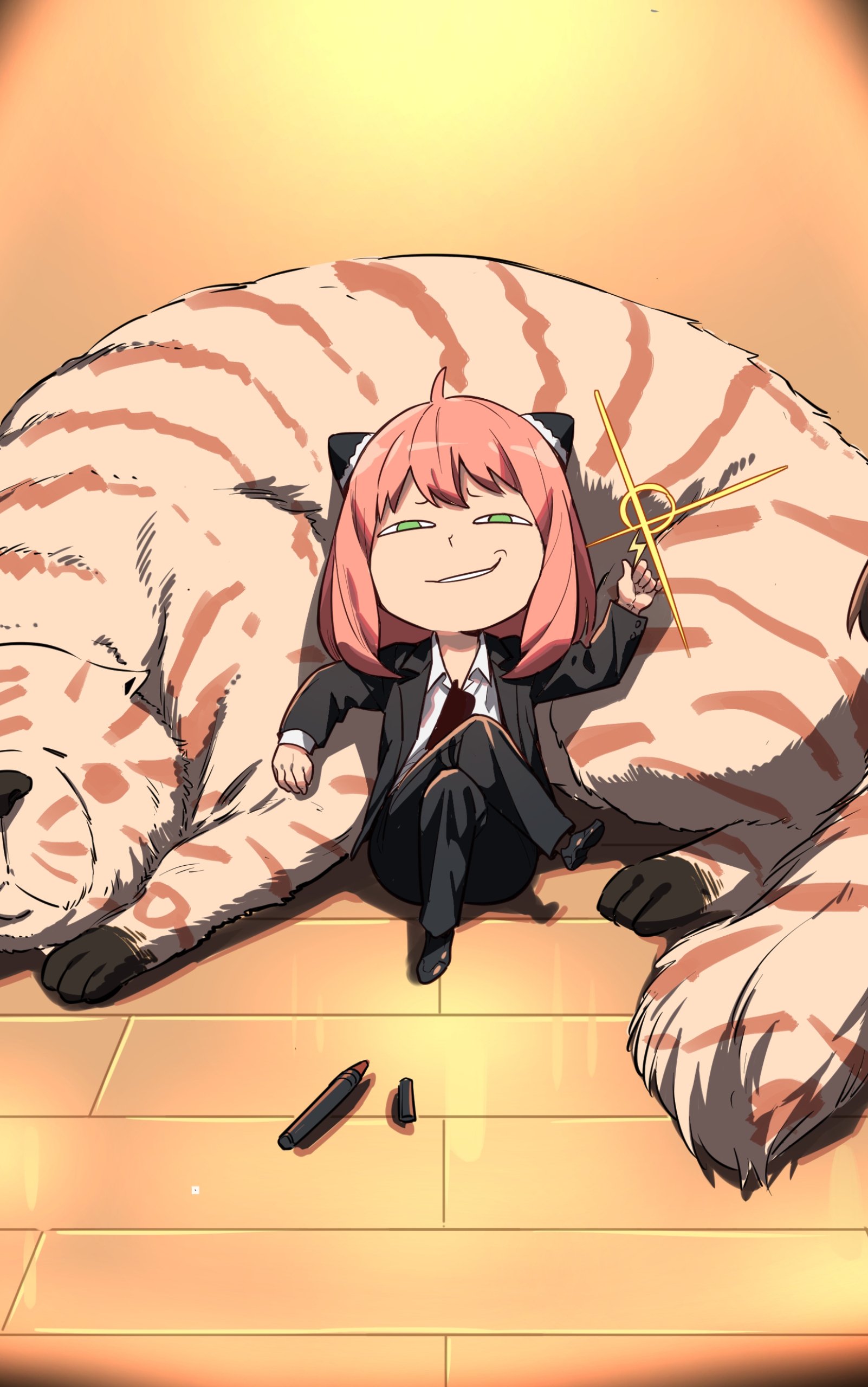 Anime phone wallpaper of Anya Forger (Spy x Family) grinning in her uniform, leaning against a huge striped tiger as warm light fills the room.