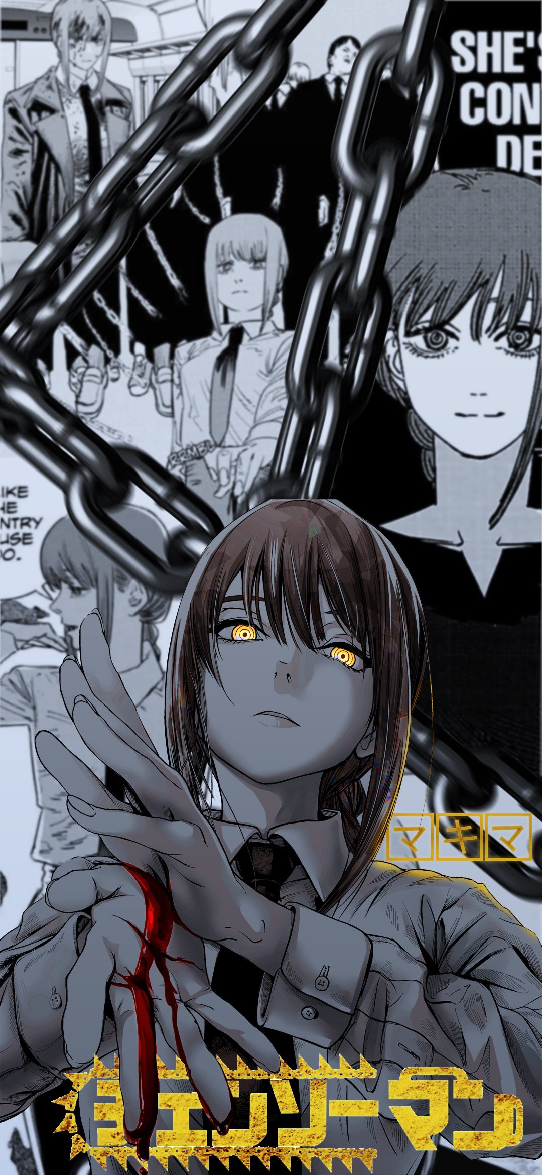 Makima (Chainsaw Man) anime phone wallpaper: vertical collage in grayscale with heavy chains, yellow eyes and a bloodied hand in foreground — formatted for iPhone and Android.