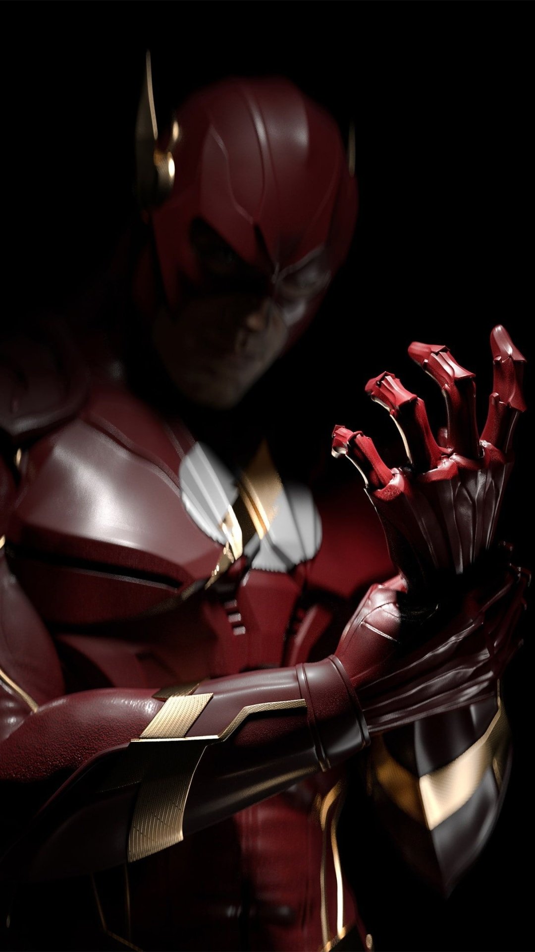 Phone wallpaper of Flash from Injustice 2: dramatic, shadowed portrait of the armored red speedster with a raised gloved hand against a black background.