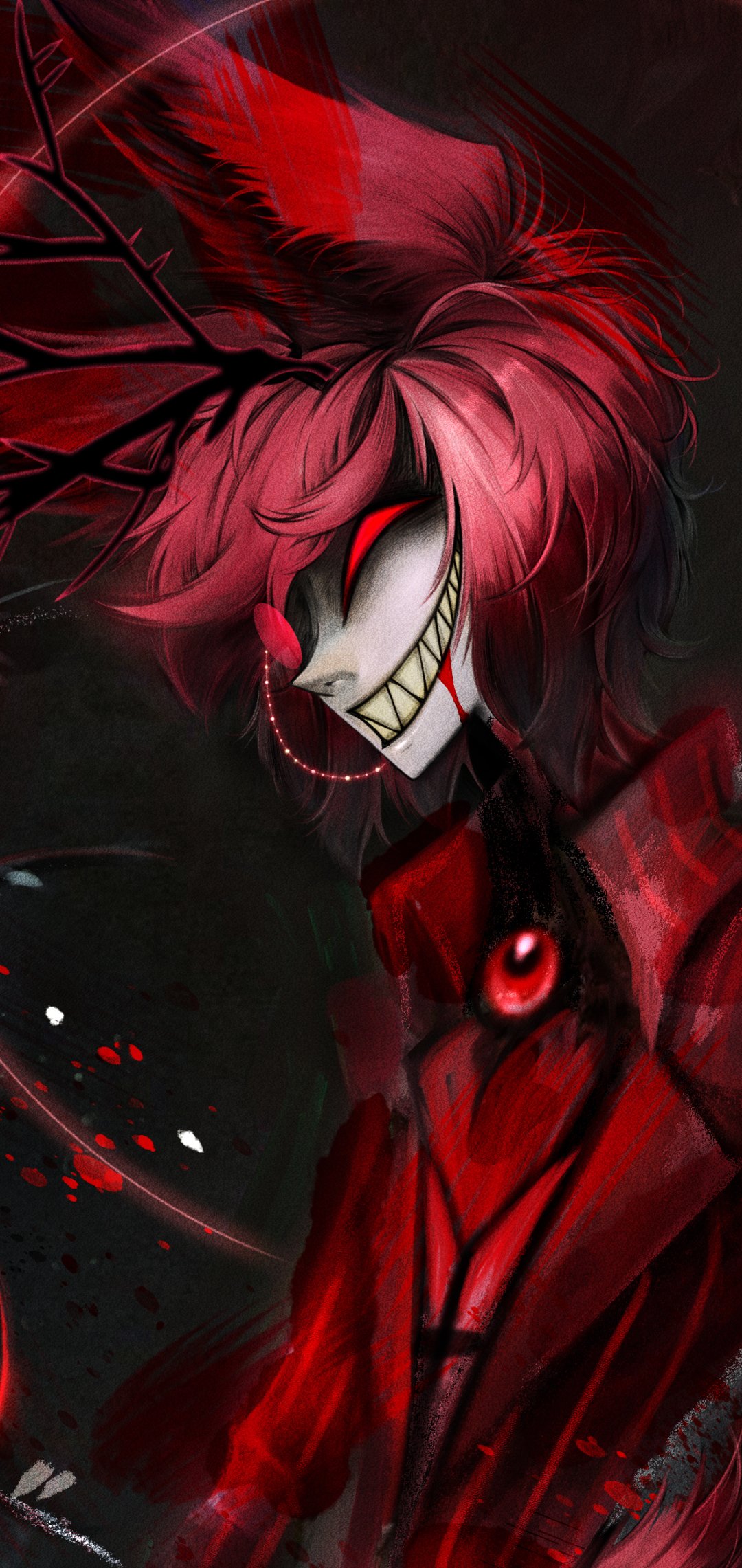Phone wallpaper featuring Alastor from the TV show Hazbin Hotel, showcasing his sinister smile and red-toned design. Compatible with iPhone and Android screens.